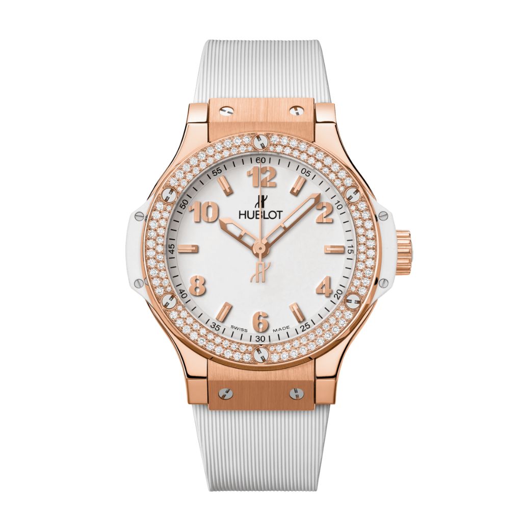 HUBLOT Big Bang Gold White Diamonds 38 mm White Dial Polished 18K 5N Gold Rubber Strap 361.PE.2010.RW.1104 - WATCHXNYC