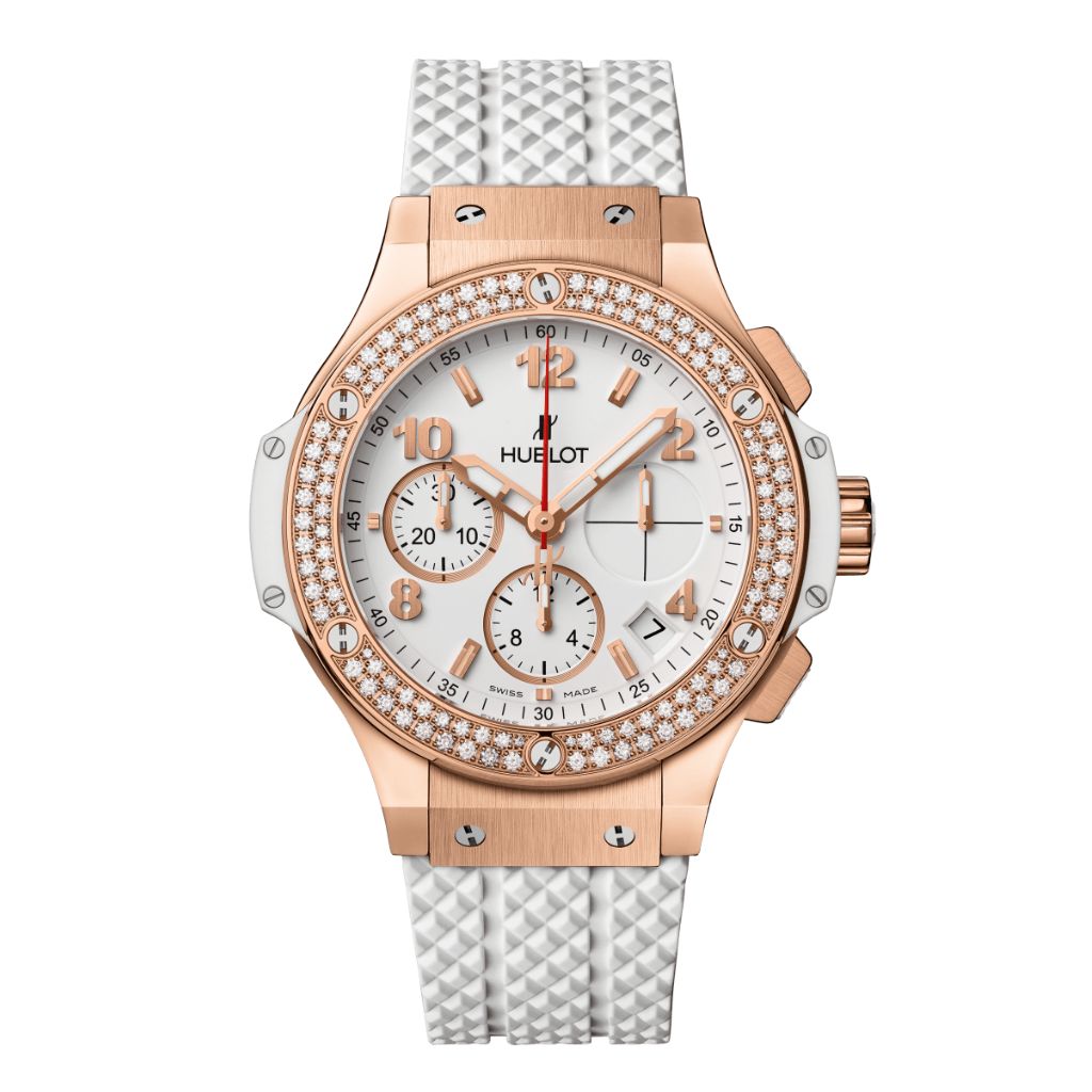 HUBLOT Big Bang Gold White Diamonds 41 mm White Dial Polished 18K 5N Gold Rubber Strap 341.PE.230.RW.114 - WATCHXNYC