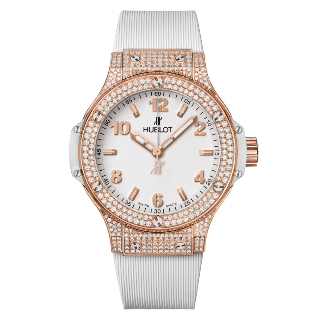 HUBLOT Big Bang Gold White Pavé 38 mm White Dial with Diamonds Polished 18K 5N Gold Rubber Strap 361.PE.2010.RW.1704 - WATCHXNYC