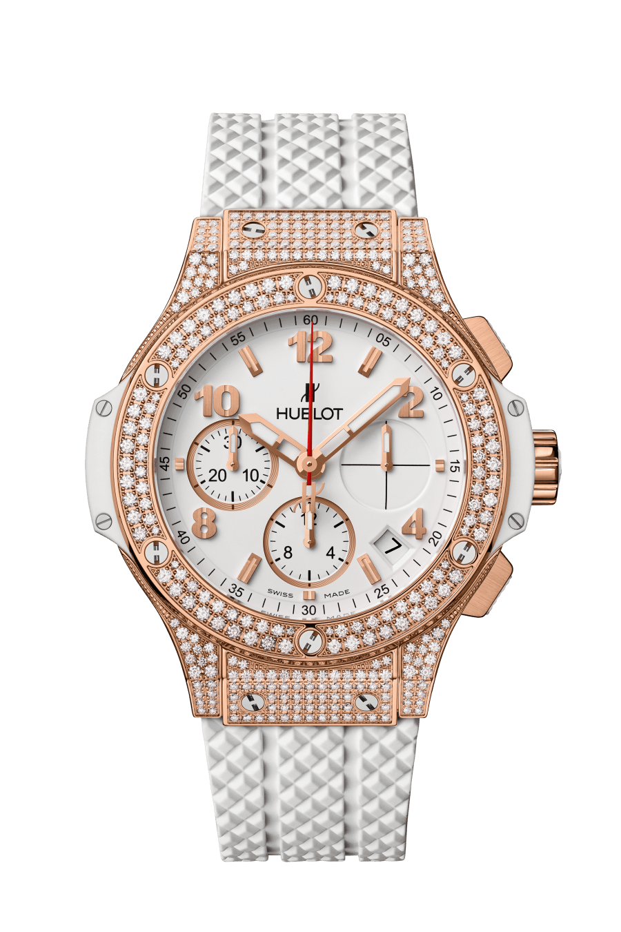 HUBLOT Big Bang Gold White Pavé 41 mm White Dial with Diamonds Polished 18K 5N Gold Rubber Strap 341.PE.230.RW.174 - WATCHXNYC