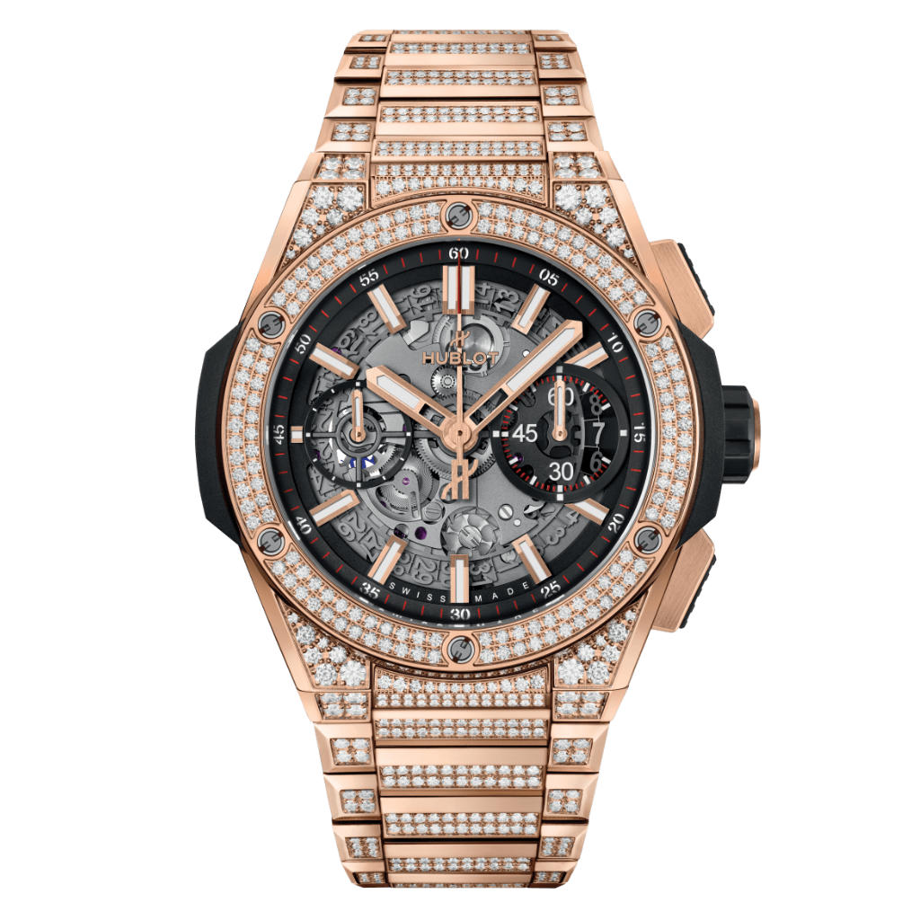 HUBLOT Big Bang Integrated King Gold Pavé 42 mm Transparent Dial with Diamonds Polished 18K King Gold Bracelet 451.OX.1180.OX.3704 - WATCHXNYC