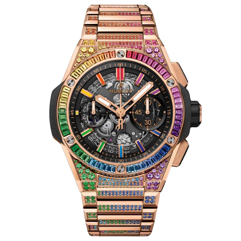 HUBLOT Big Bang Integrated King Gold Rainbow 42 mm Transparent Dial with Diamonds Polished 18K King Gold Bracelet 451.OX.1180.OX.3999 - WATCHXNYC