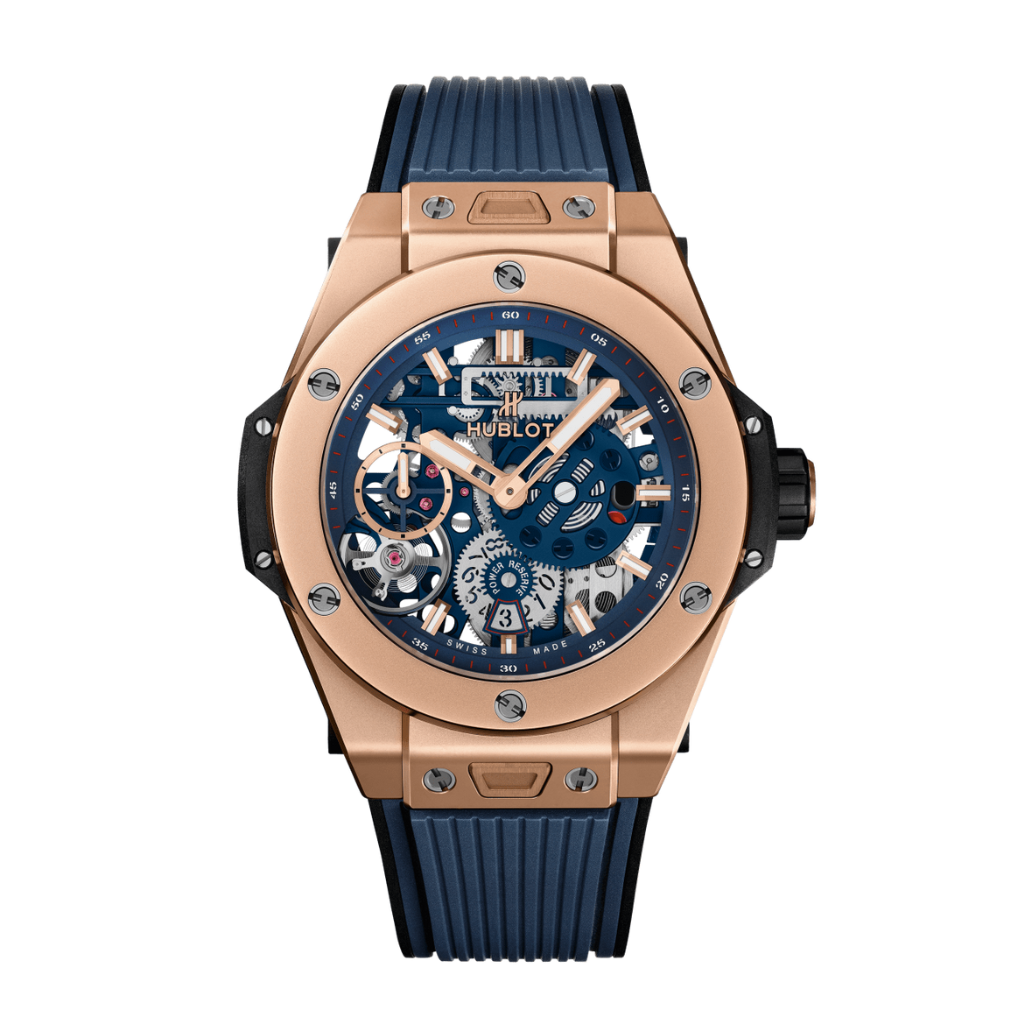 Hublot Big Bang MECA-10 King Gold Blue 45 mm Transparent Dial Microblasted 18K King Gold Rubber Strap 414.OI.5123.RX - WATCHXNYC