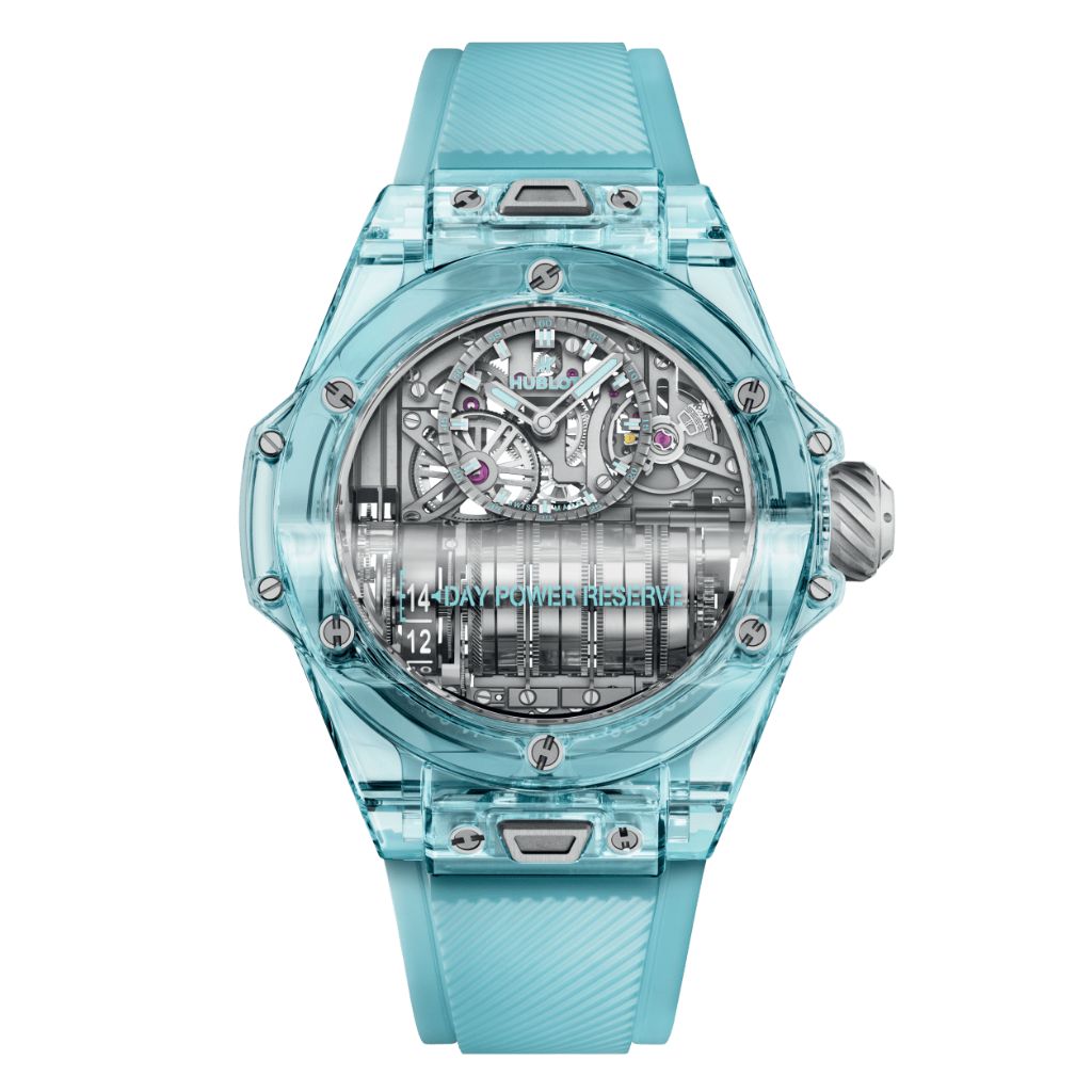 HUBLOT Big Bang MP-11 Power Reserve 14 Days 45 mm Transparent Dial Polished Water Blue Sapphire Crystal Rubber Strap 911.JL.0129.RX - WATCHXNYC