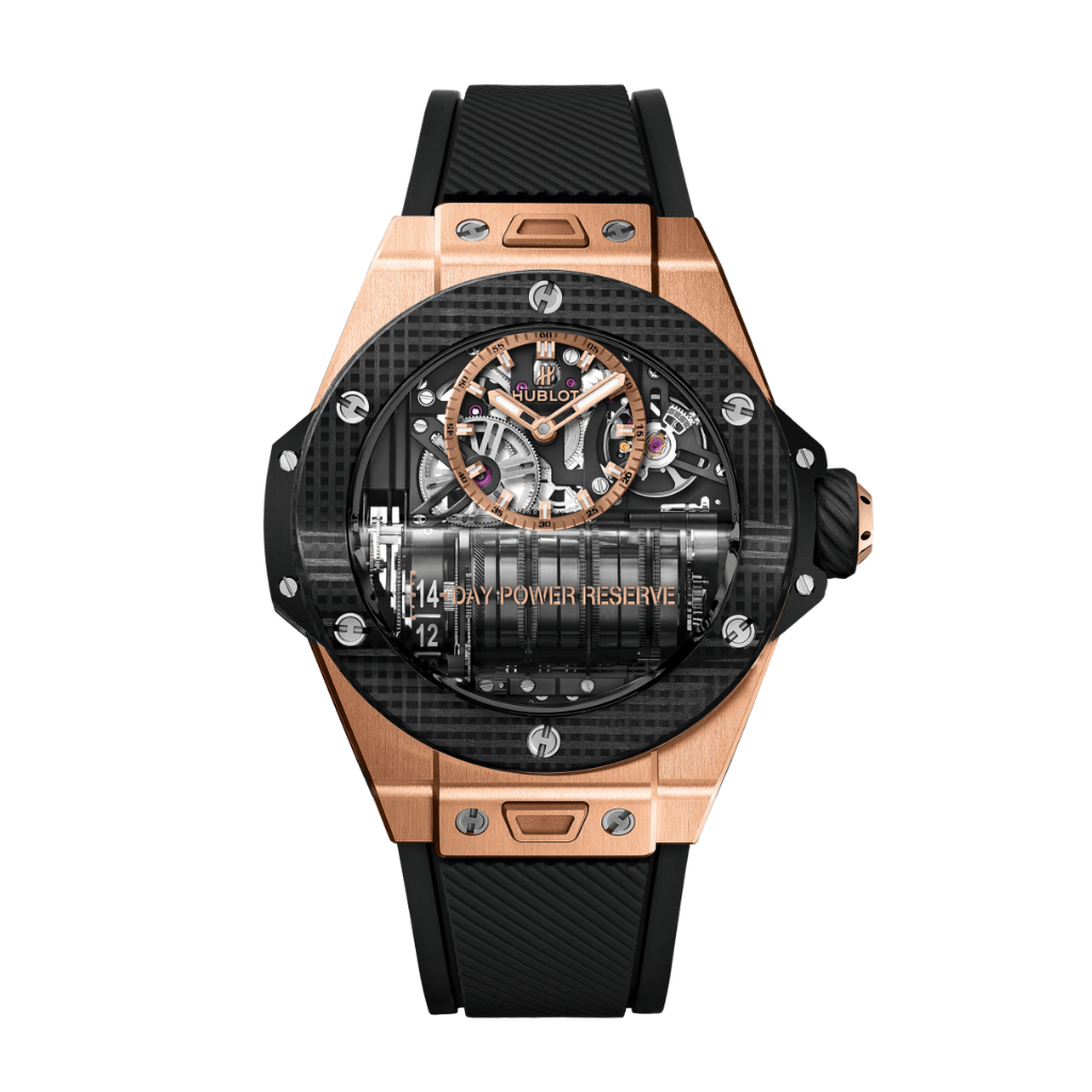 Hublot Big Bang MP-11 Power Reserve 14 Days King Gold 3D Carbon 45 mm Transparent Dial Polished 18K King Gold Rubber Strap 911.OQ.0118.RX - WATCHXNYC