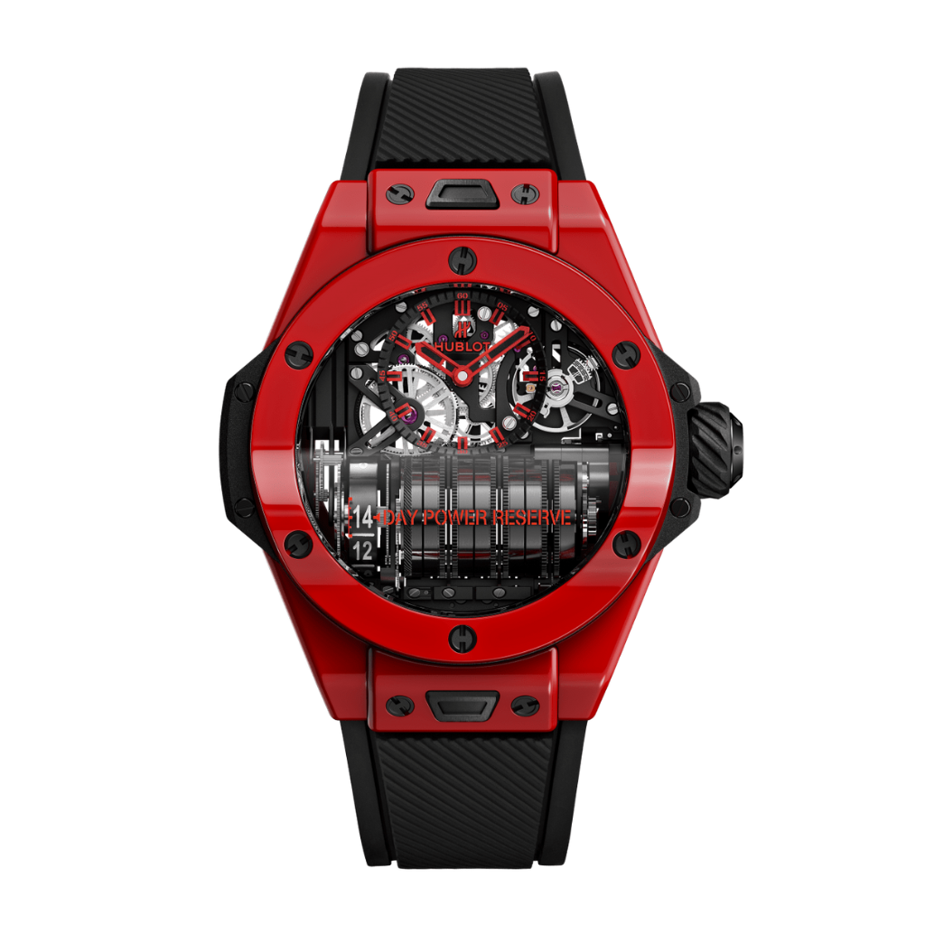 Hublot Big Bang MP-11 Power Reserve 14 Days Red Magic 45 mm Transparent Dial Polished Red Ceramic Rubber Strap 911.CF.0113.RX - WATCHXNYC
