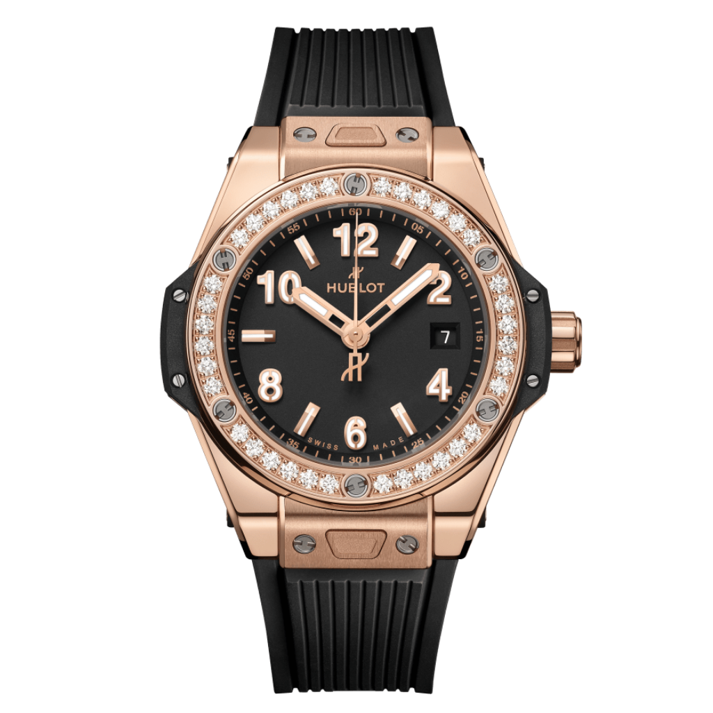 Hublot Big Bang One Click King Gold Diamonds 33 mm Black Dial with Diamonds Polished 18K King Gold Rubber Strap 485.OX.1180.RX.1204 - WATCHXNYC
