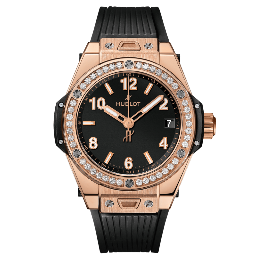 Hublot Big Bang One Click King Gold Diamonds 39 mm Black Dial with Diamonds 18K King Gold Rubber Strap 465.OX.1180.RX.1204 - WATCHXNYC