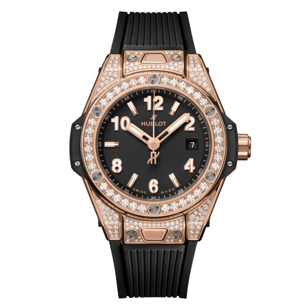 Hublot Big Bang One Click King Gold Pavé 33 mm Black Dial with Diamonds Polished 18K King Gold Rubber Strap 485.OX.1180.RX.1604 - WATCHXNYC