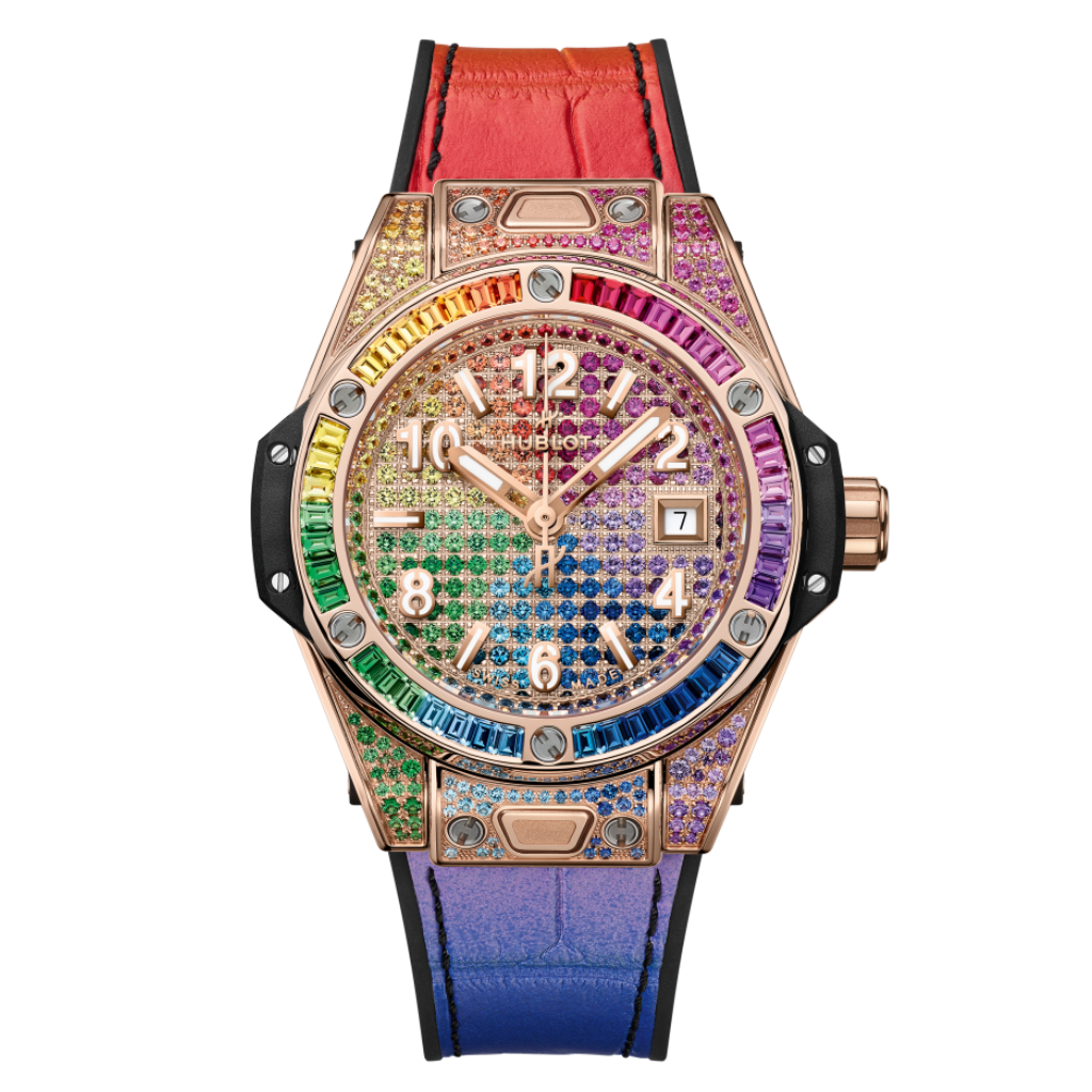 Hublot Big Bang One Click King Gold Rainbow 33 mm Diamond Paved Dial Polished 18K King Gold   Leather Strap 485.OX.9900.LR.0999 - WATCHXNYC