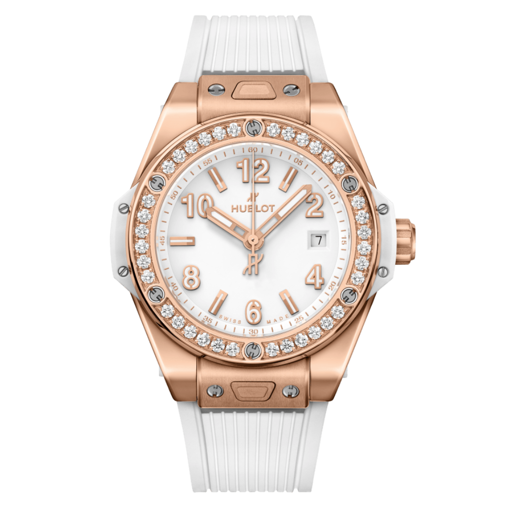 Hublot Big Bang One Click King Gold White Diamonds 33 mm White Dial with Diamonds Polished 18K King Gold Rubber Strap 485.OE.2080.RW.1204 - WATCHXNYC