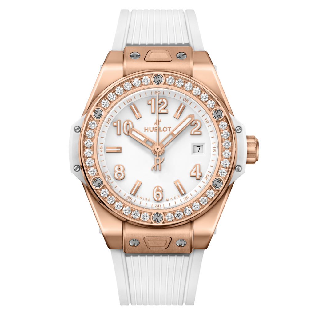 Hublot Big Bang One Click King Gold White Diamonds 39 mm White Dial with Diamonds Polished 18K King Gold Rubber Strap 465.OE.2080.RW.1204 - WATCHXNYC