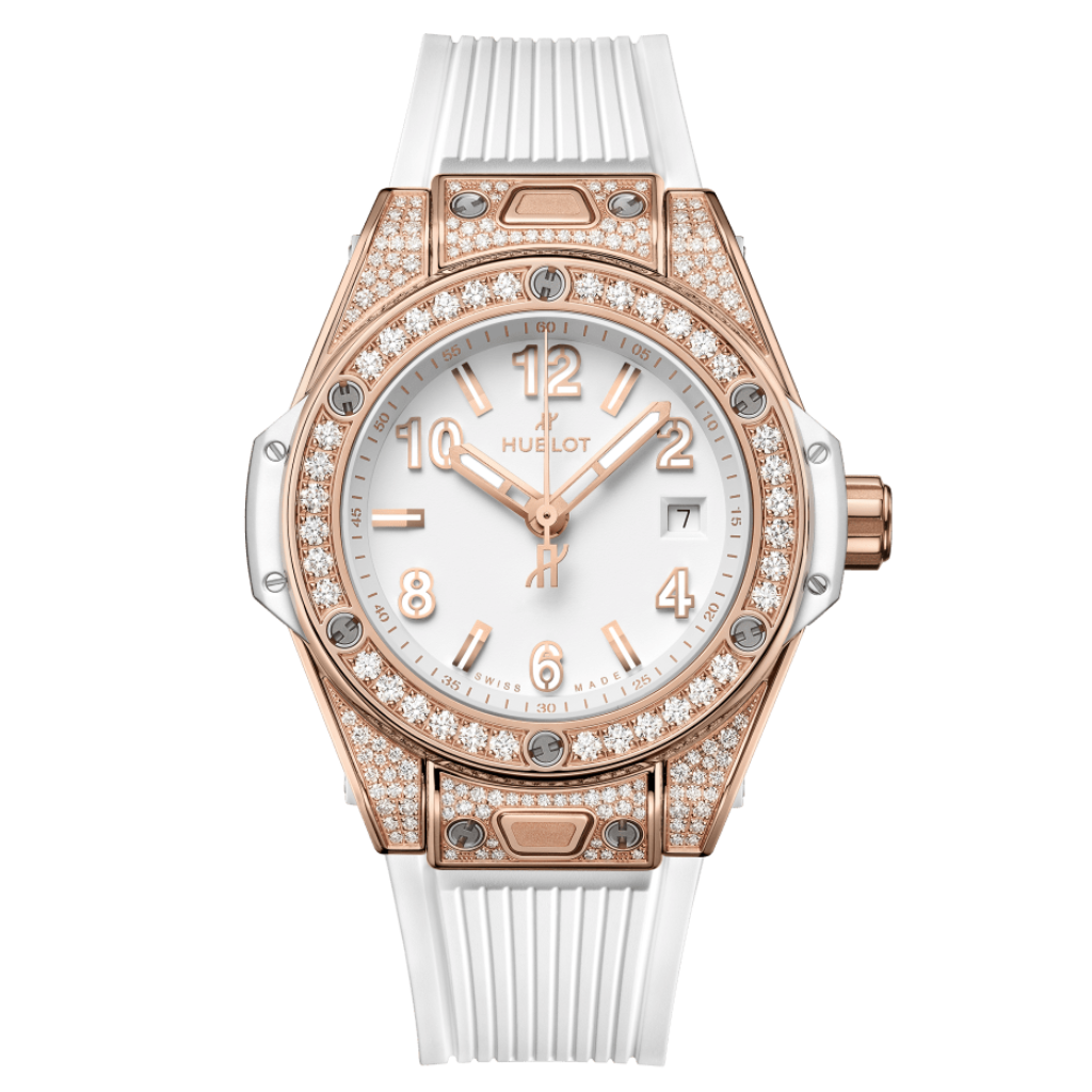 Hublot Big Bang One Click King Gold White Pavé 33 mm White Dial with Diamonds Polished 18K King Gold Rubber Strap 485.OE.2080.RW.1604 - WATCHXNYC