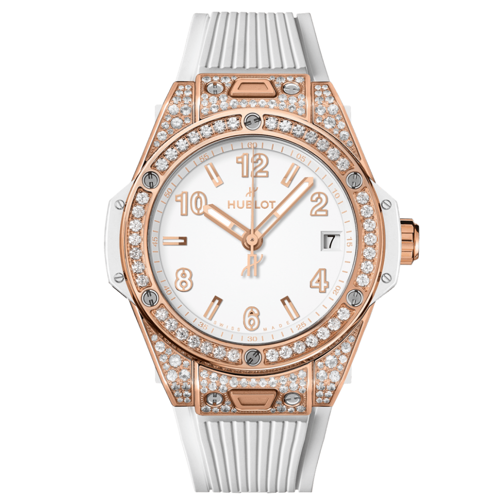 Hublot Big Bang One Click King Gold White Pavé 39 mm White Dial with Diamonds Polished 18K King Gold Rubber Strap 465.OE.2080.RW.1604 - WATCHXNYC