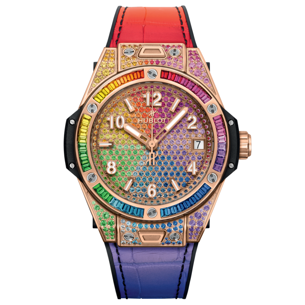 Hublot Big Bang One Click Rainbow King Gold 39 mm Diamond Paved Dial Polished 18K King Gold   Leather Strap 465.OX.9900.LR.0999 - WATCHXNYC