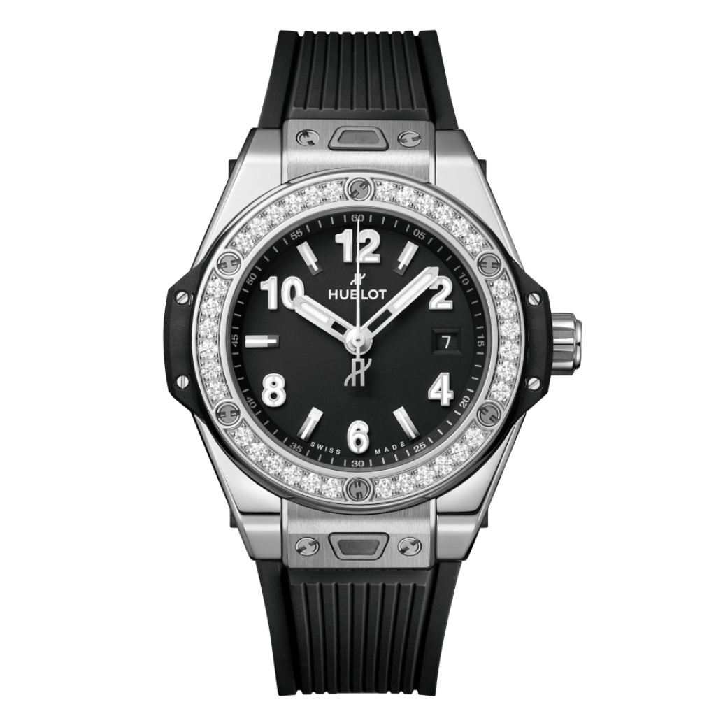 Hublot Big Bang One Click Steel Diamonds 33 mm Black Dial with Diamonds Polished Stainless Steel Rubber Strap 485.SX.1170.RX.1204 - WATCHXNYC