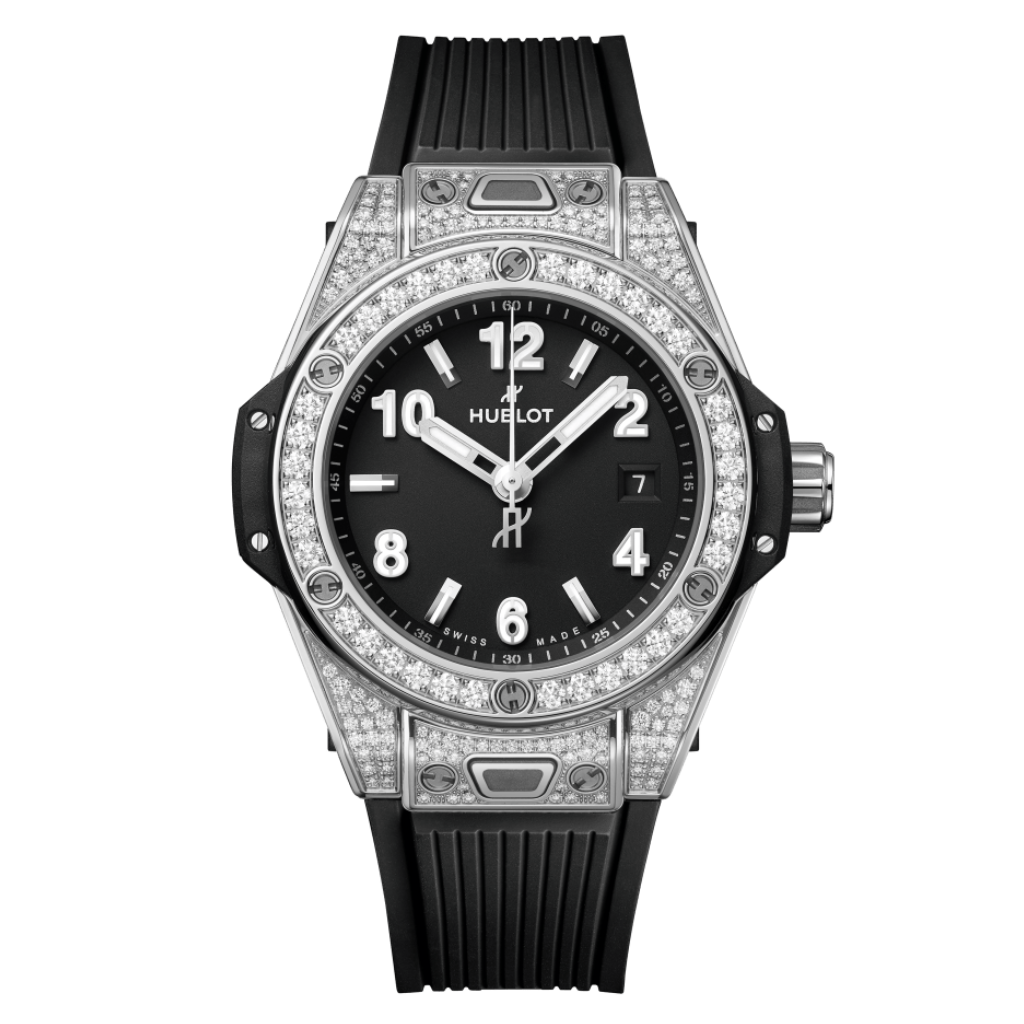Hublot Big Bang One Click Steel Pavé 33 mm Black Dial with Diamonds Polished Stainless Steel Rubber Strap 485.SX.1170.RX.1604 - WATCHXNYC