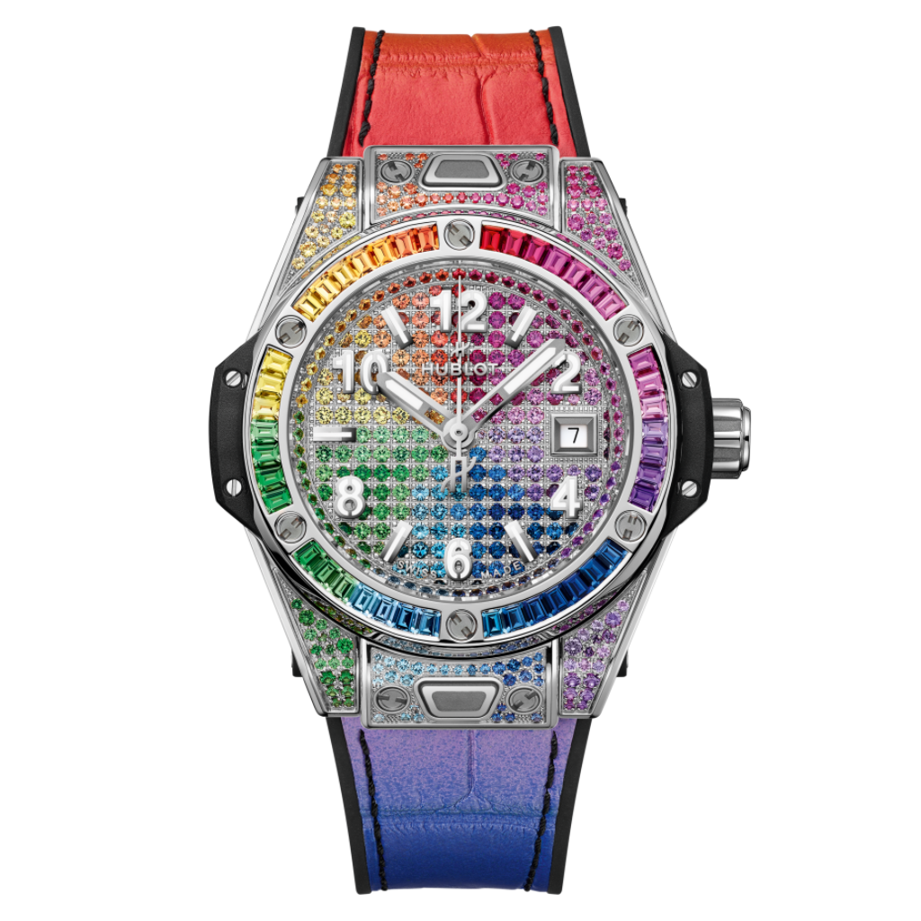 Hublot Big Bang One Click Steel Rainbow 33 mm Diamond Paved Dial Polished Stainless Steel   Leather Strap 485.SX.9900.LR.0999 - WATCHXNYC