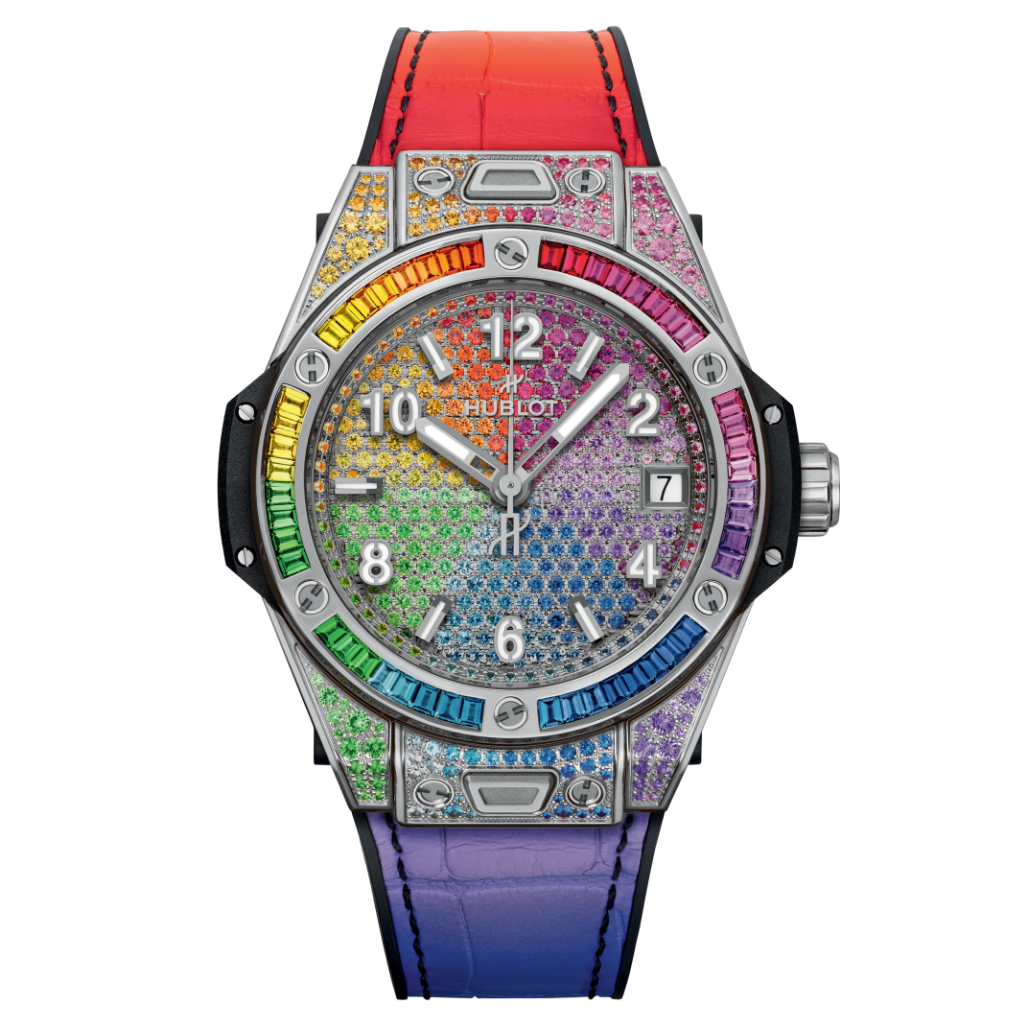 Hublot Big Bang One Click Steel Rainbow 39 mm Diamond Paved Dial Polished Stainless Steel   Leather Strap 465.SX.9900.LR.0999 - WATCHXNYC