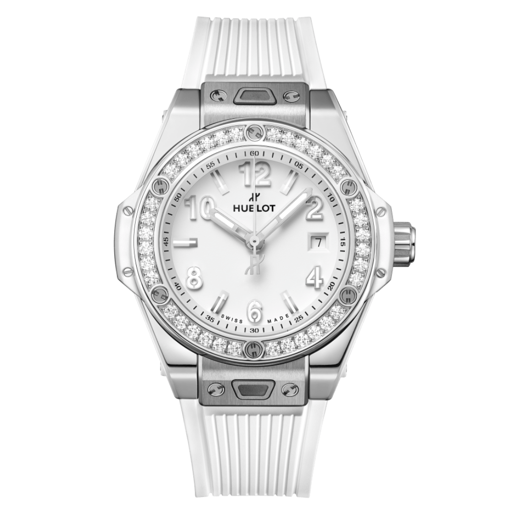 Hublot Big Bang One Click Steel White Diamonds 33 mm White Dial with Diamonds Polished Stainless Steel Rubber Strap 485.SE.2010.RW.1204 - WATCHXNYC