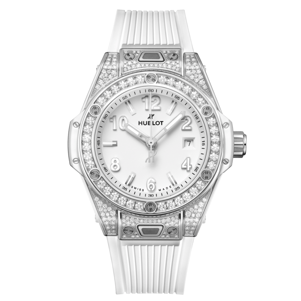 Hublot Big Bang One Click Steel White Pavé 33 mm White Dial with Diamonds Polished Stainless Steel Rubber Strap 485.SE.2010.RW.1604 - WATCHXNYC
