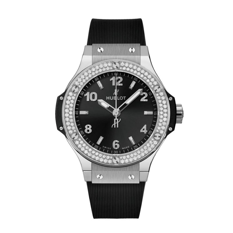 HUBLOT Big Bang Steel Diamonds 38 mm Esfera negra Correa de caucho de acero inoxidable pulido 361.SX.1270.RX.1104 