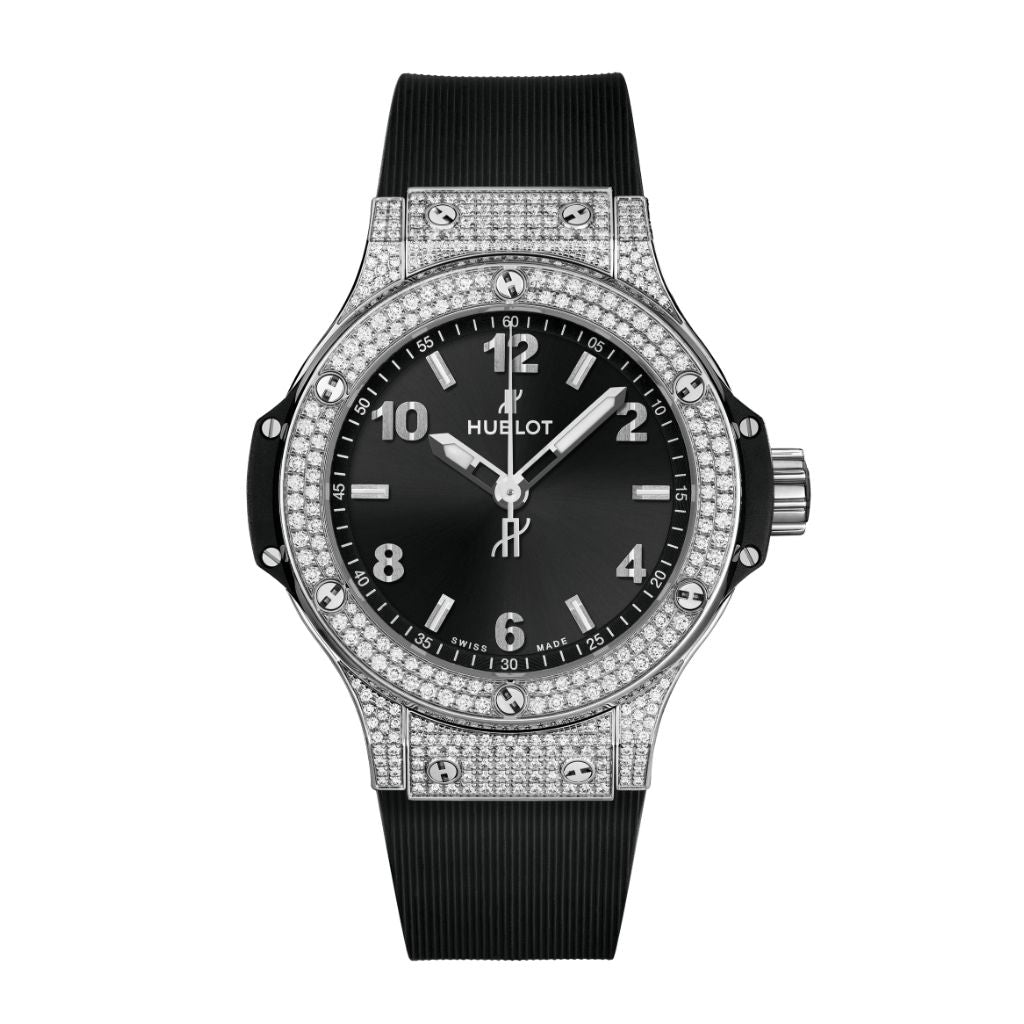 HUBLOT Big Bang Steel Pavé 38 mm Black Dial with Diamonds Polished Stainless Steel Rubber Strap 361.SX.1270.RX.1704 - WATCHXNYC