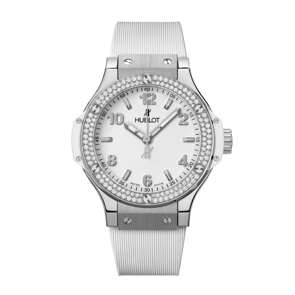 HUBLOT Big Bang Steel White Diamonds 38 mm White Dial Polished Stainless Steel Rubber Strap 361.SE.2010.RW.1104 - WATCHXNYC