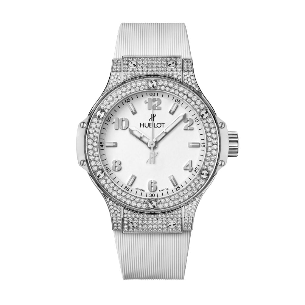HUBLOT Big Bang Steel White Pavé 38 mm White Dial with Diamonds Polished Stainless Steel Rubber Strap 361.SE.2010.RW.1704 - WATCHXNYC