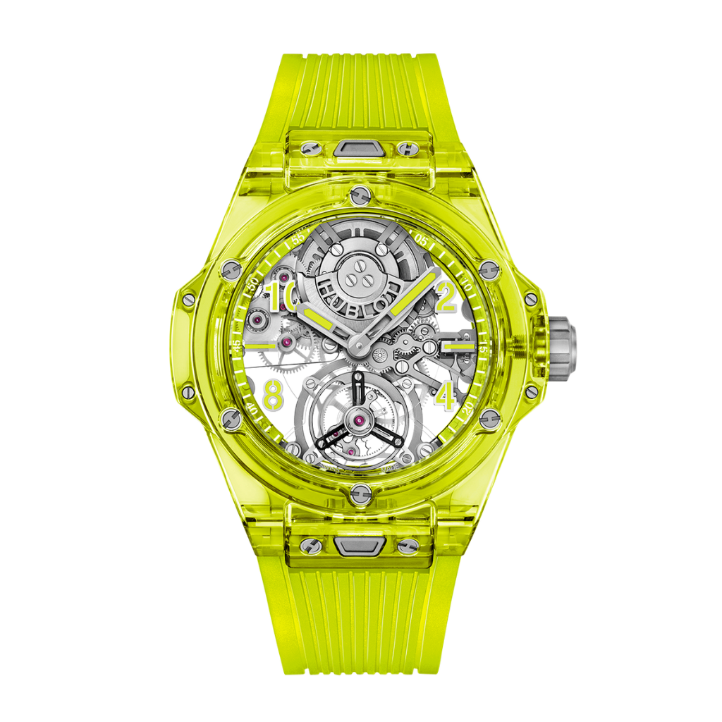 Hublot Big Bang Tourbillon Automatic Yellow Neon Saxem 44 mm Transparent Dial Polished and Microblasted Yellow Neon Saxem Rubber Strap 429.JY.0120.RT - WATCHXNYC