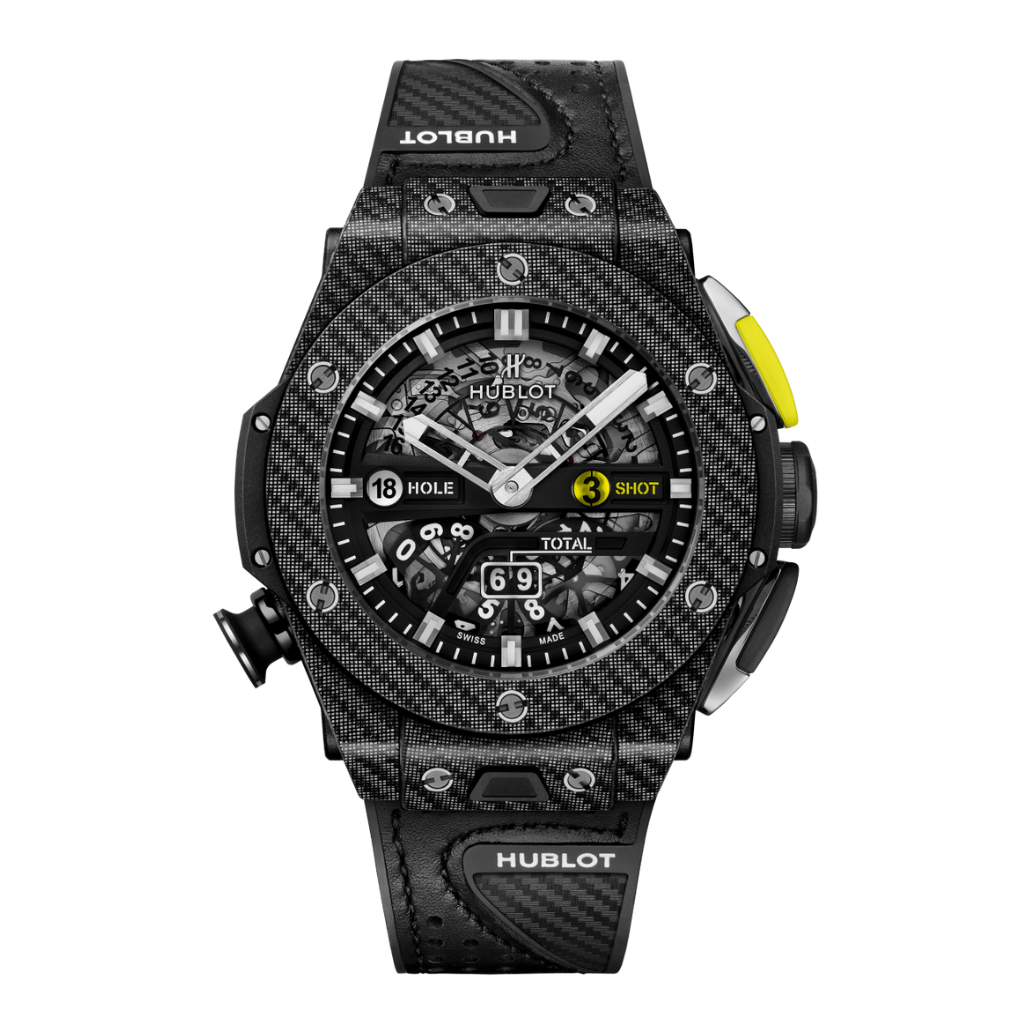 HUBLOT Big Bang Unico Golf Black Carbon 45 mm Transparent Dial Carbon Fiber and Black Texalium® Rubber with Leather Strap 416.YT.1120.VR - WATCHXNYC