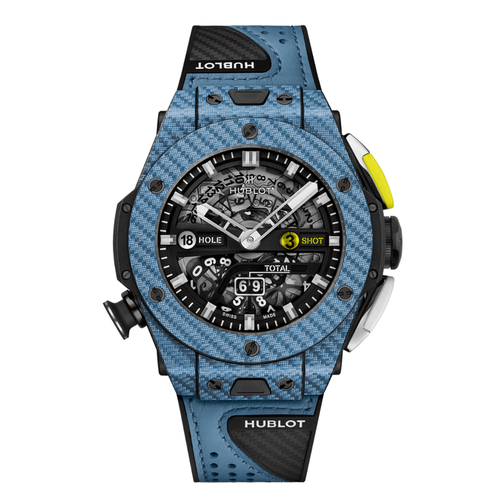 HUBLOT Big Bang Unico Golf Sky Blue Carbon 45 mm Transparent Dial Carbon Fiber and Blue Texalium® Rubber with Leather Strap 416.YE.1120.VR - WATCHXNYC