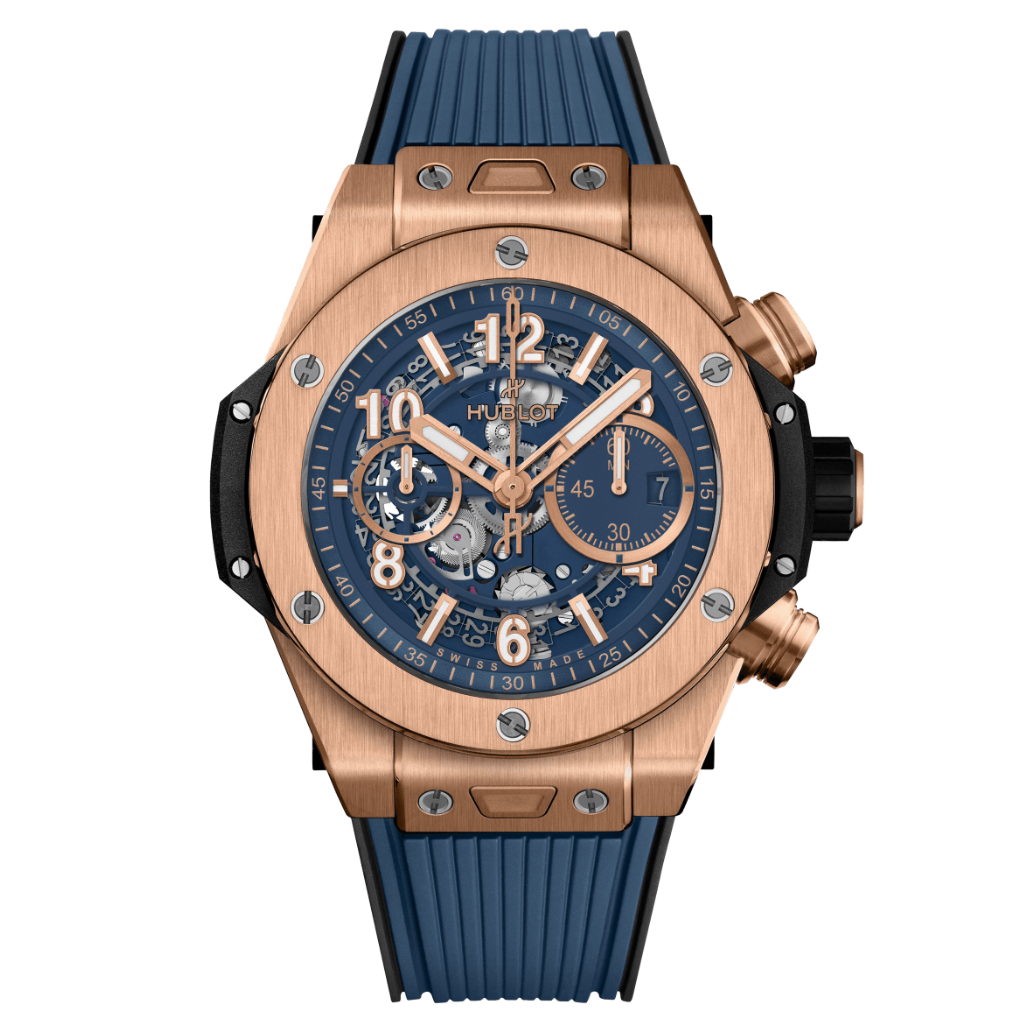HUBLOT Big Bang Unico King Gold Blue 44 mm Transparent Dial Polished 18K King Gold Rubber Strap 421.OX.5180.RX - WATCHXNYC
