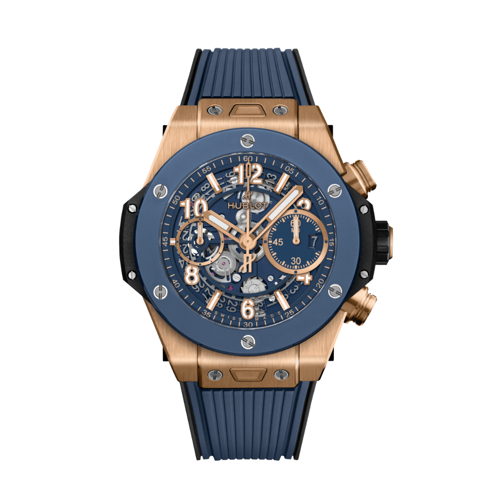 HUBLOT Big Bang Unico King Gold Blue Ceramic 42 mm Transparent Dial Polished 18K King Gold Rubber Strap 441.OL.5181.RX - WATCHXNYC