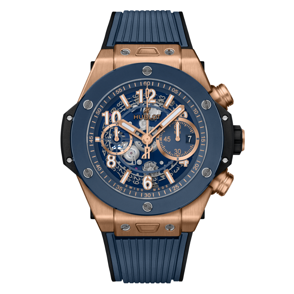 HUBLOT Big Bang Unico King Gold Blue Ceramic 44 mm Transparent Dial Polished 18K King Rubber Strap 421.OL.5180.RX - WATCHXNYC