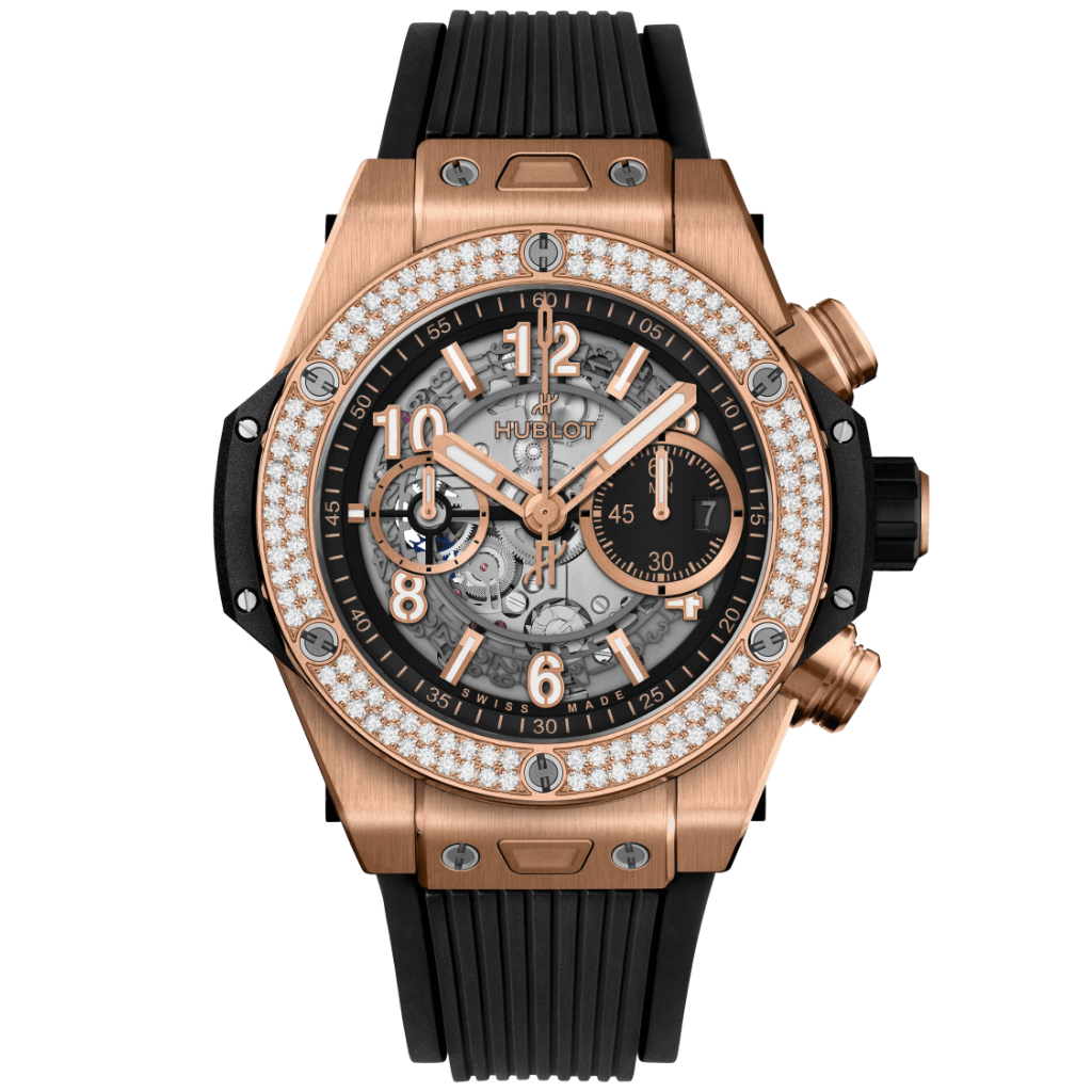 HUBLOT Big Bang Unico King Gold Diamonds 44 mm Transparent Dial Polished 18K King Gold Rubber Strap 421.OX.1180.RX.1104 - WATCHXNYC