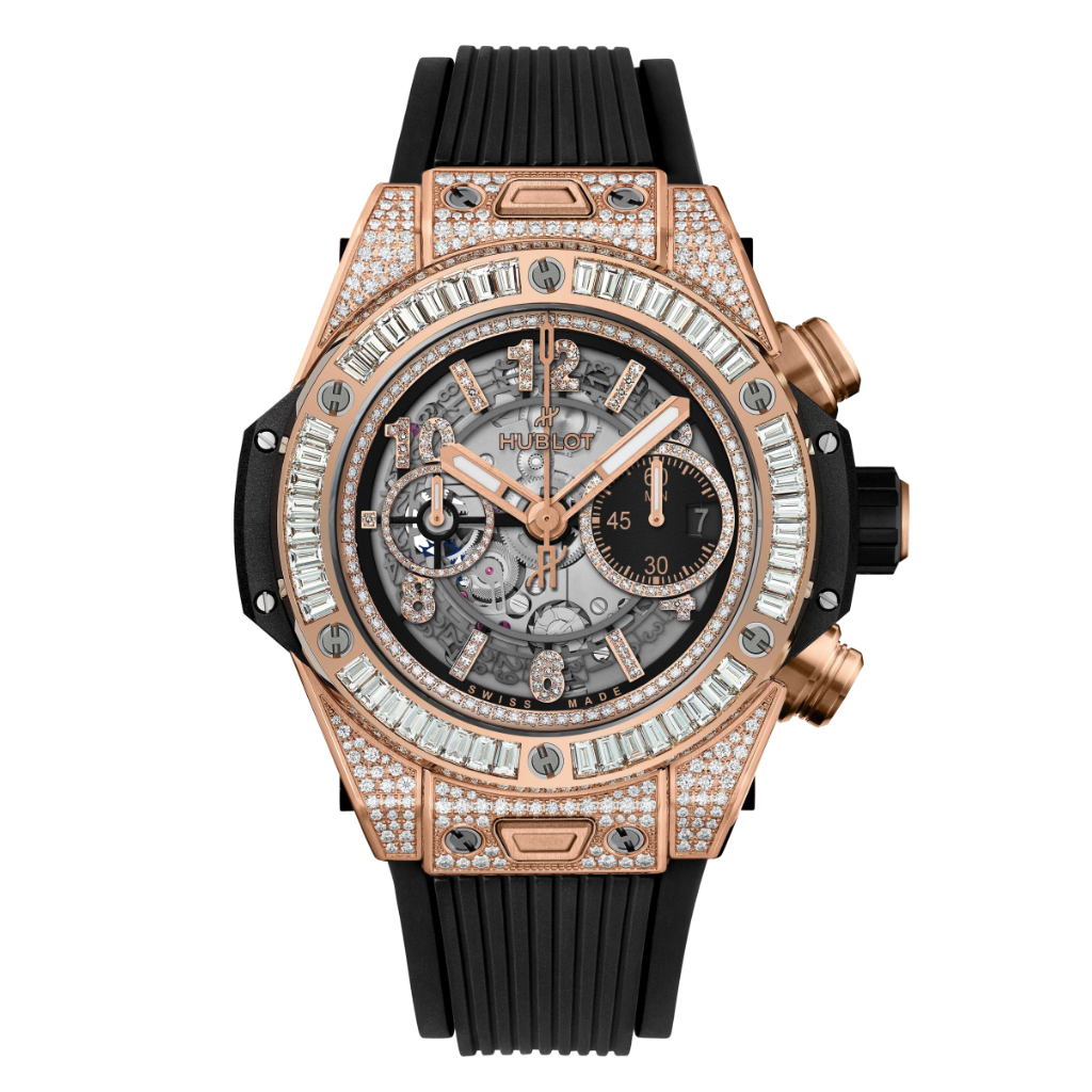 HUBLOT Big Bang Unico King Gold Jewellery 44 mm Transparent Dial with Diamonds Polished 18K White Gold Rubber Strap 421.OX.1180.RX.0904 - WATCHXNYC