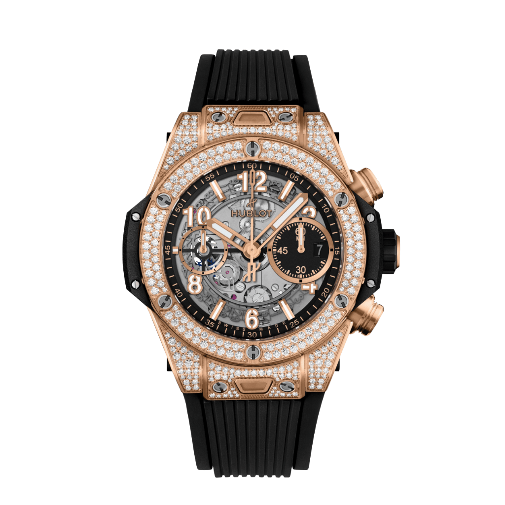 HUBLOT Big Bang Unico King Gold Pavé 42 mm Transparent Dial with Diamonds Polished 18K King Gold Rubber Strap 441.OX.1181.RX.1704 - WATCHXNYC