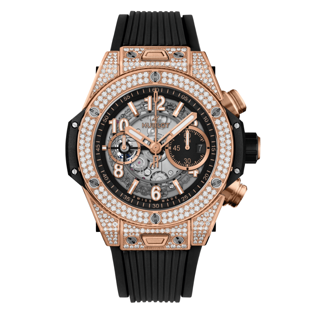 HUBLOT Big Bang Unico King Gold Pavé 44 mm Transparent Dial with Diamonds Polished 18K King Gold Rubber Strap 421.OX.1180.RX.1704 - WATCHXNYC
