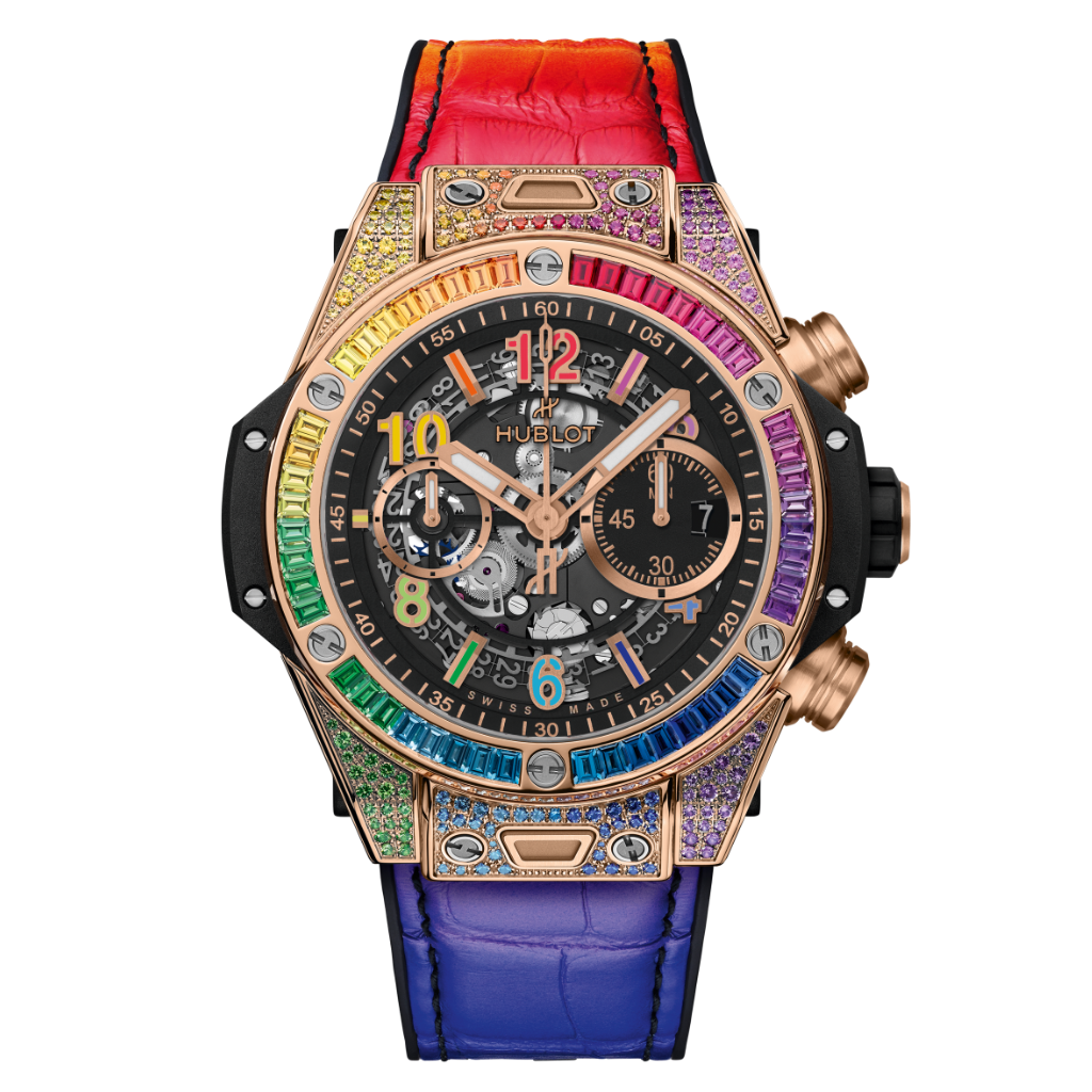 HUBLOT Big Bang Unico King Gold Rainbow 44 mm Transparent Dial with Diamonds Polished 18K King Gold Rubber with Leather Strap 421.OX.1118.LR.0999 - WATCHXNYC