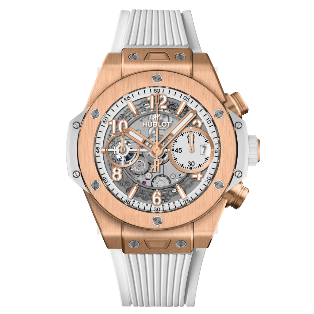 HUBLOT Big Bang Unico King Gold White 42 mm Transparent Dial Polished 18K King Gold Rubber Strap 441.OE.2011.RW - WATCHXNYC