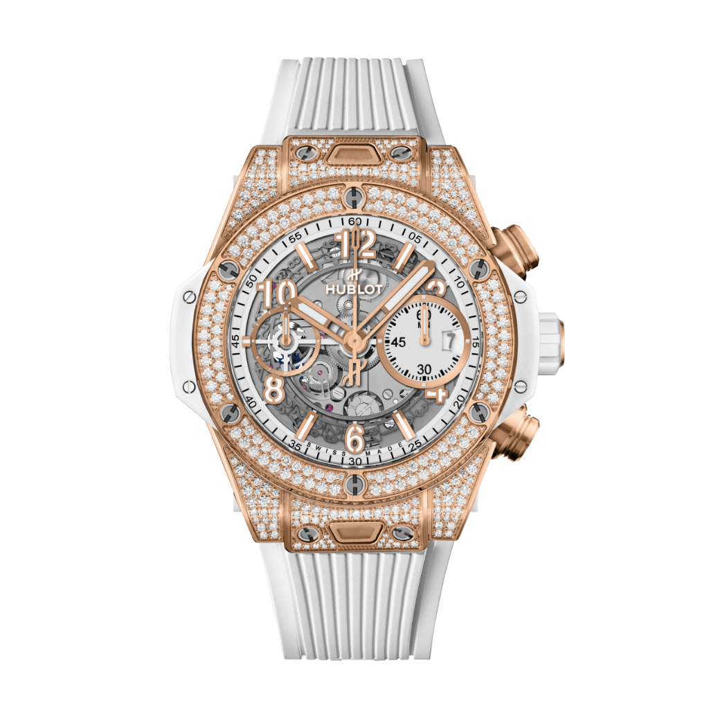 HUBLOT Big Bang Unico King Gold White Pavé 42 mm Transparent Dial with Diamonds Polished 18K King Gold Rubber Strap 441.OE.2011.RW.1704 - WATCHXNYC