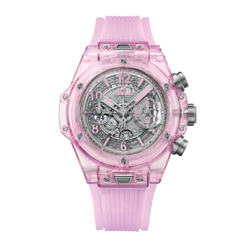 HUBLOT Big Bang Unico Pink Sapphire 42 mm Transparent Dial Polished Pink Sapphire Crystal Rubber Strap 441.JP.4890.RT - WATCHXNYC