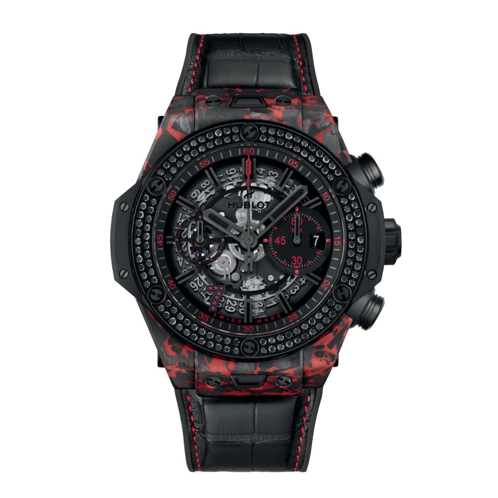 HUBLOT Big Bang Unico Red Carbon Black Diamonds Las Vegas Boutique 44 mm Transparent Dial Matt Red Frosted Carbon   Leather Strap 421.QV.1113.LR.1100.LVB23 - WATCHXNYC