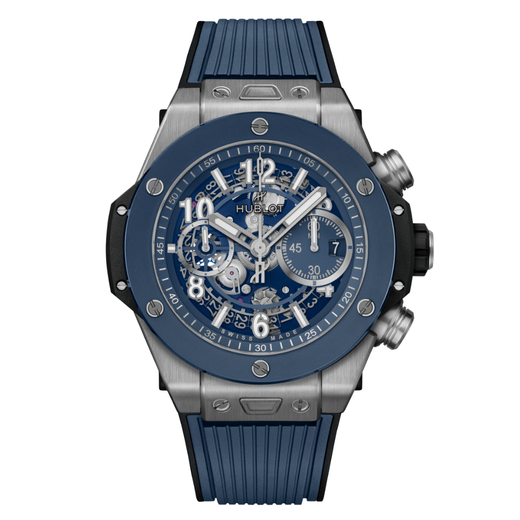 HUBLOT Big Bang Unico Titanium Blue Ceramic 44 mm Transparent Dial Polished Titanium Rubber Strap 421.NL.5170.RX - WATCHXNYC