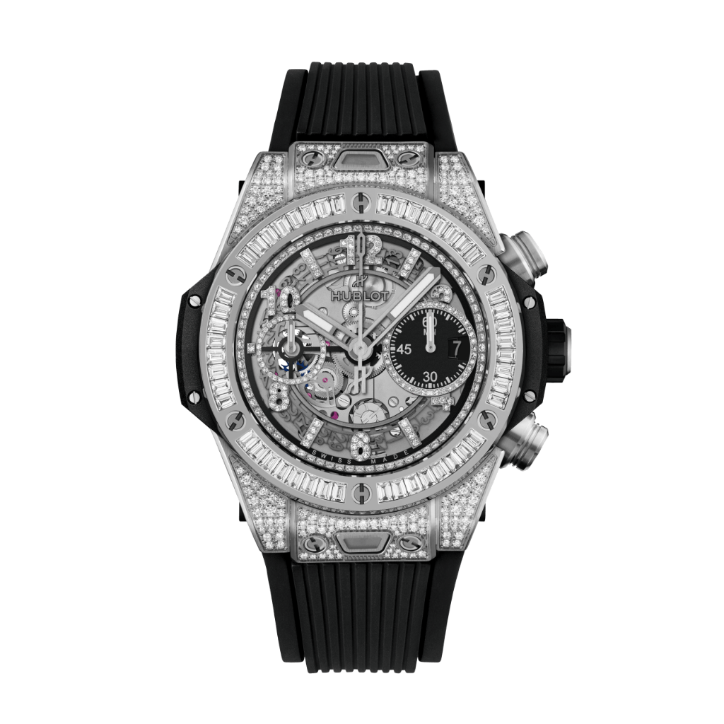 HUBLOT Big Bang Unico Titanium Jewellery 42 mm Transparent Dial with Diamonds Polished Titanium Rubber Strap 441.NX.1171.RX.0904 - WATCHXNYC