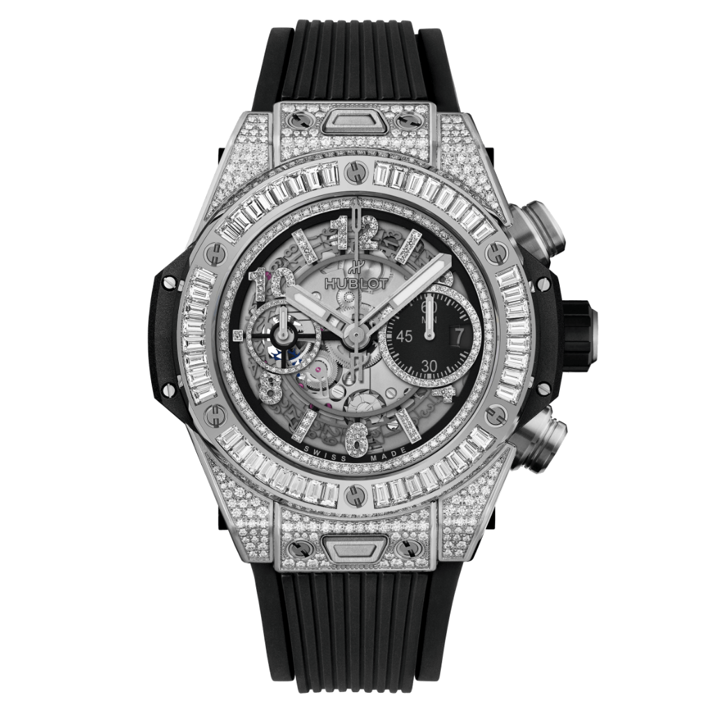 HUBLOT Big Bang Unico Titanium Jewellery 44 mm Transparent Dial with Diamonds Polished Titanium Rubber Strap 421.NX.1170.RX.0904 - WATCHXNYC