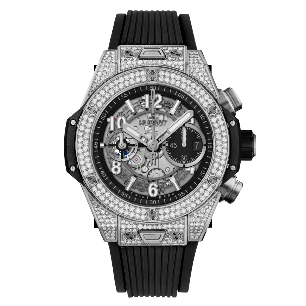 HUBLOT Big Bang Unico Titanium Pavé 44 mm Transparent Dial with Diamonds Polished Titanium Rubber Strap 421.NX.1170.RX.1704 - WATCHXNYC