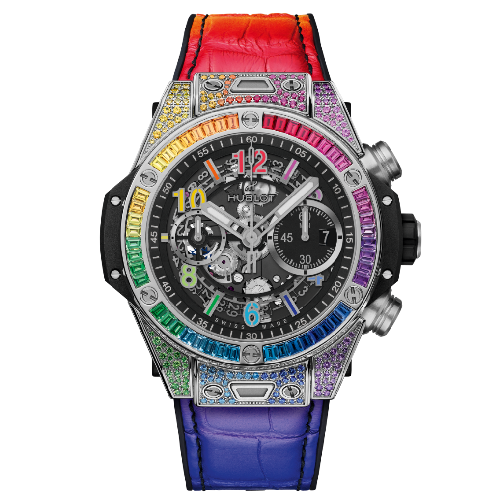HUBLOT Big Bang Unico Titanium Rainbow 44 mm Transparent Dial with Diamonds Polished Titanium Rubber with Leather Strap 421.NX.1117.LR.0999 - WATCHXNYC