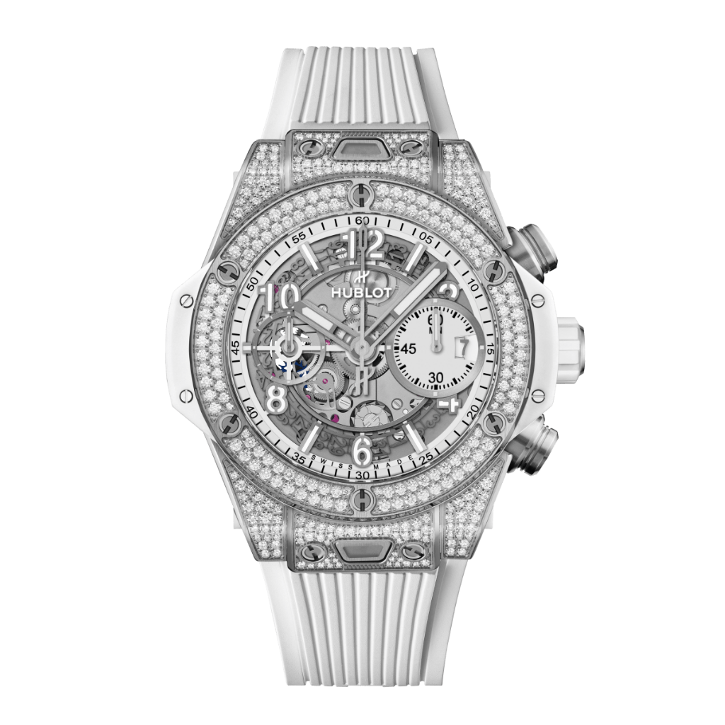 HUBLOT Big Bang Unico Titanium White Pavé 42 mm Transparent Dial with Diamonds Polished Titanium Rubber Strap 441.NE.2011.RW.1704 - WATCHXNYC
